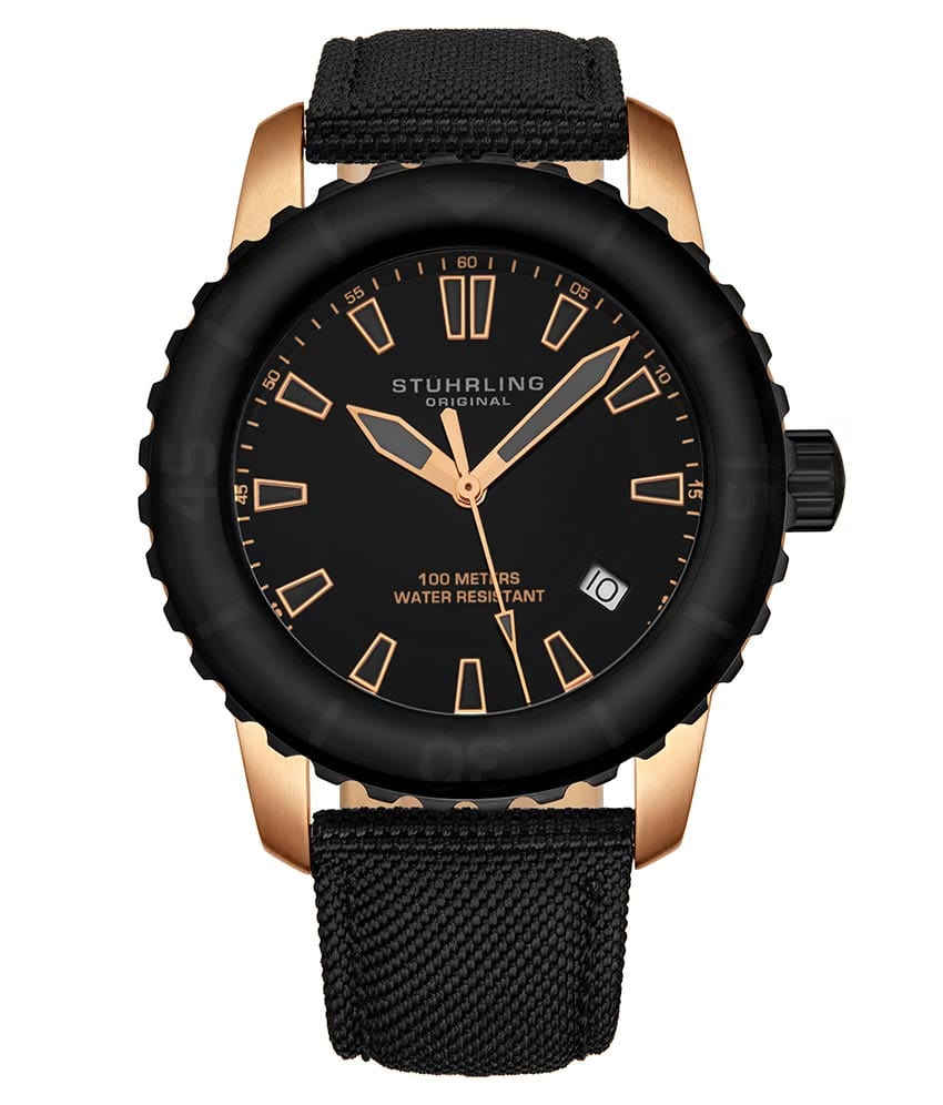 Stührling Yara 2001 Quartz 44mm Diver - Black Dial / Rose Case / Black Leather Strap Rose Gold Layered Tang Buckle