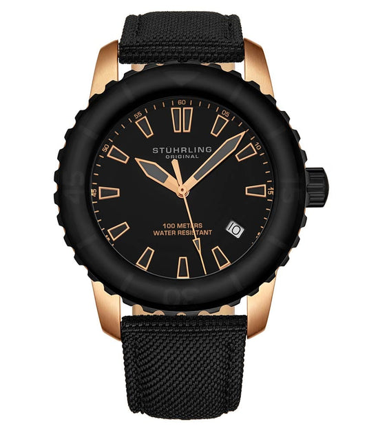 Stührling Yara 2001 Quartz 44mm Diver - Black Dial / Rose Case / Black Leather Strap Rose Gold Layered Tang Buckle