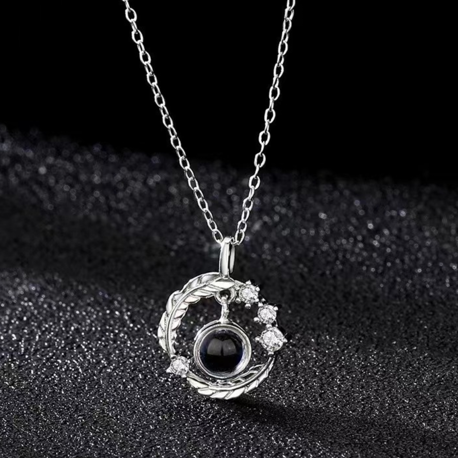 925 Sterling Silber Foto Projektion Halskette mit Bild im Stein - Feder Kreis