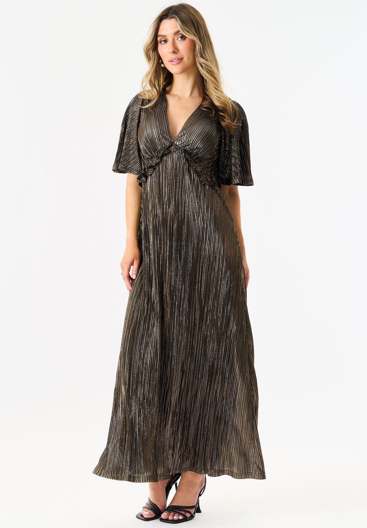 Black Metallic Plisse Maxi Dress
