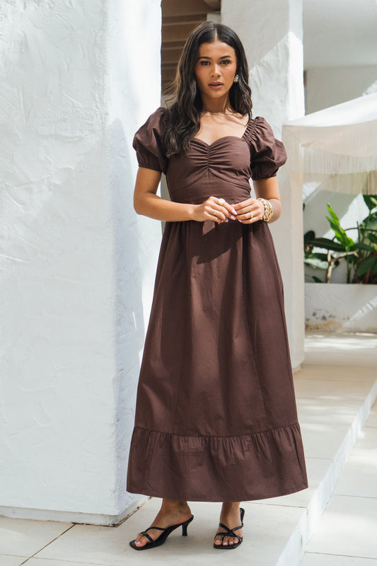 Brown Gypsy Puff Sleeves Cotton Midaxi Dress