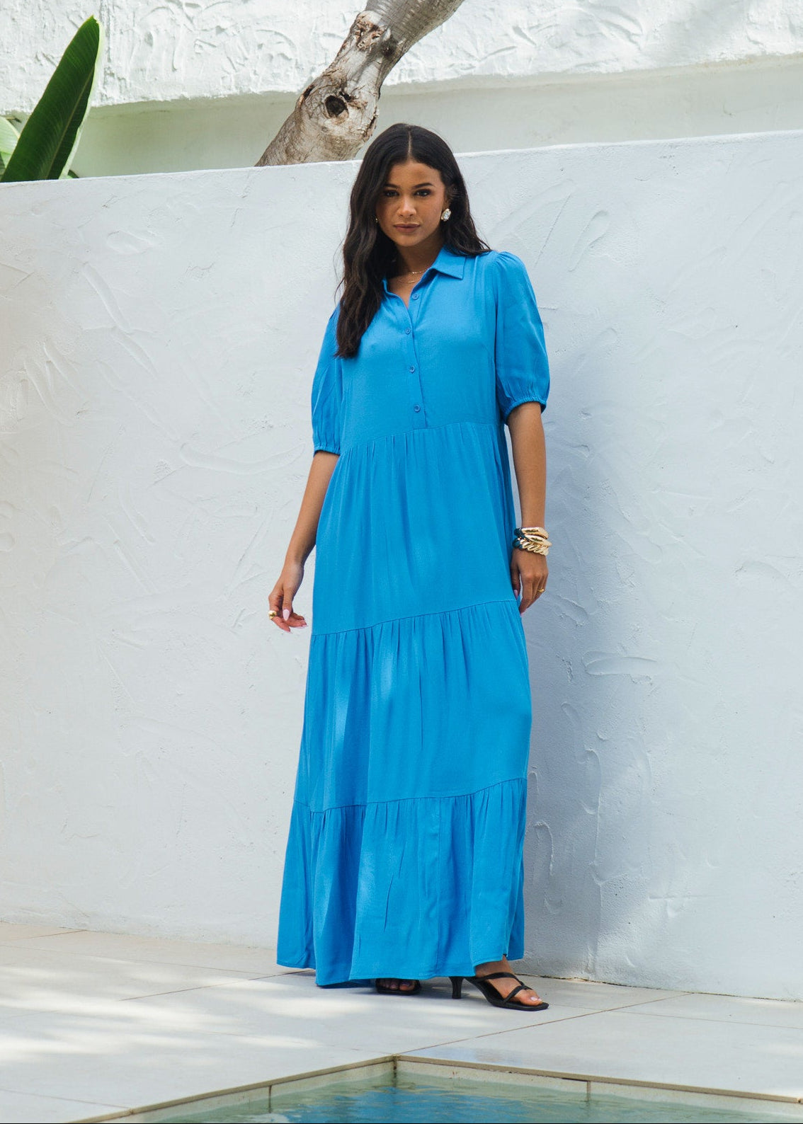 Blue Button Through Skater Maxi Dress