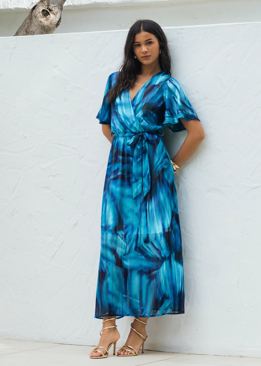 Blue Tie Dye Print Wrap Midi Dress