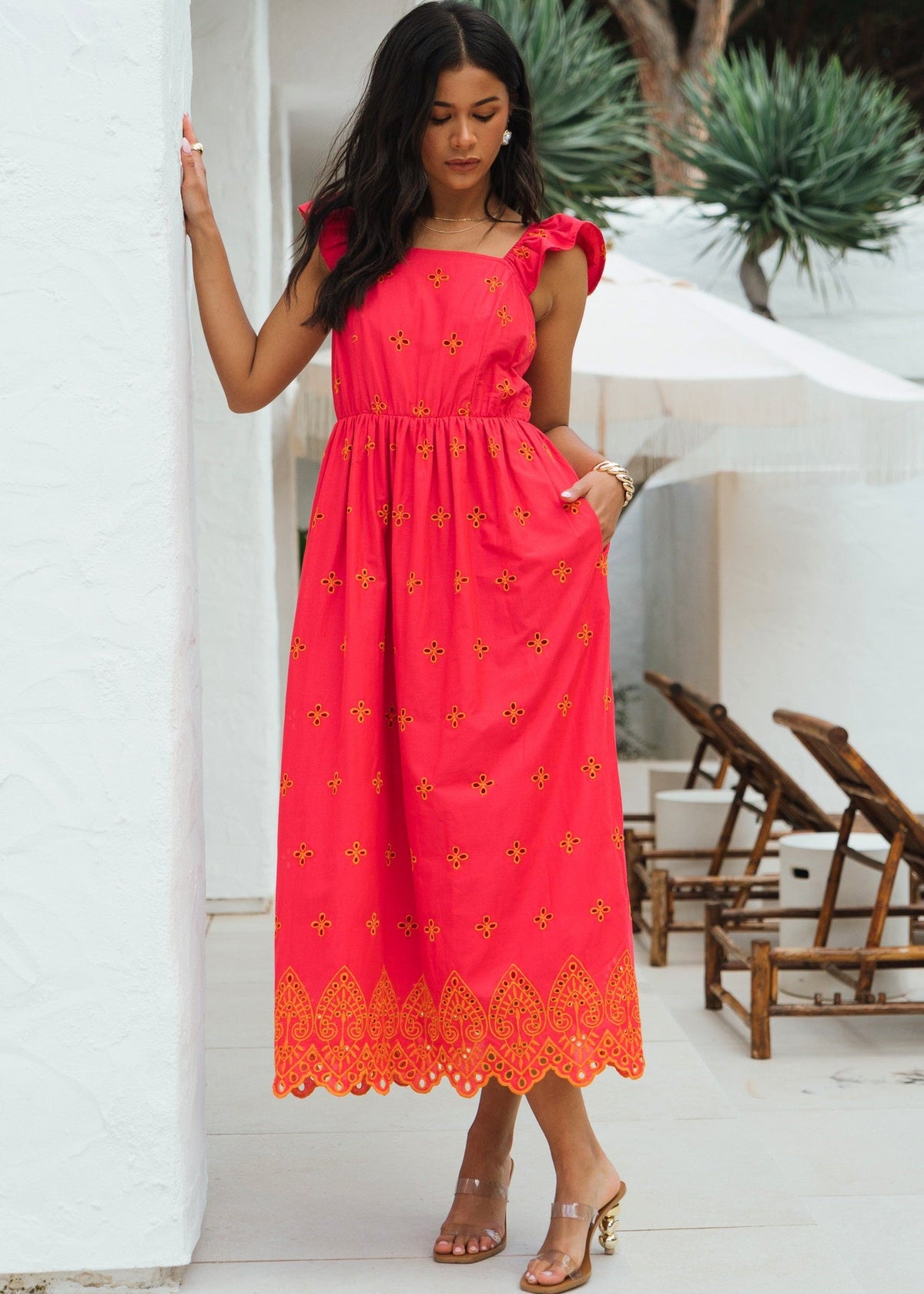 Pink Ruffle Sleeves Broderie Sun Dress