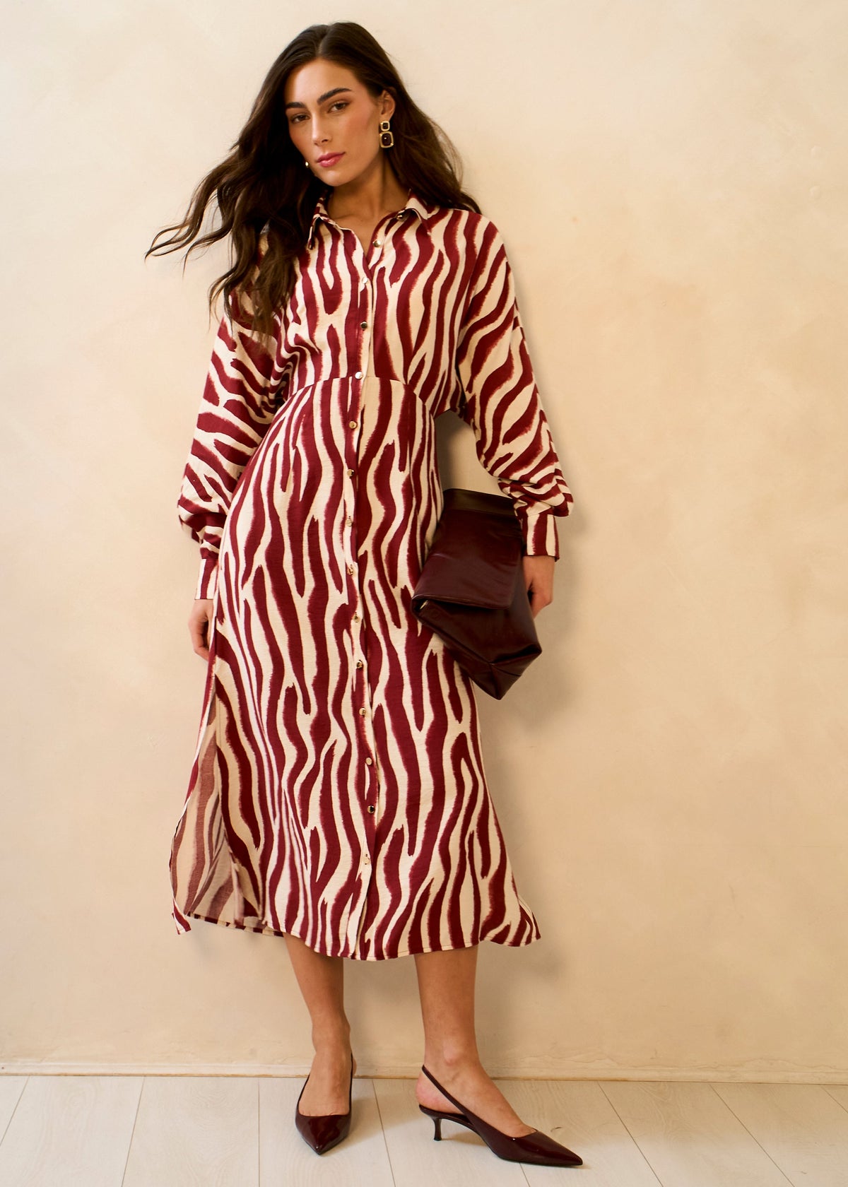 Burgundy Zebra Print Batwing Sleeve Shirt Dress