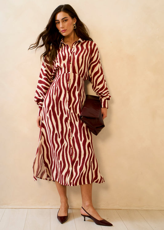 Burgundy Zebra Print Batwing Sleeve Shirt Dress