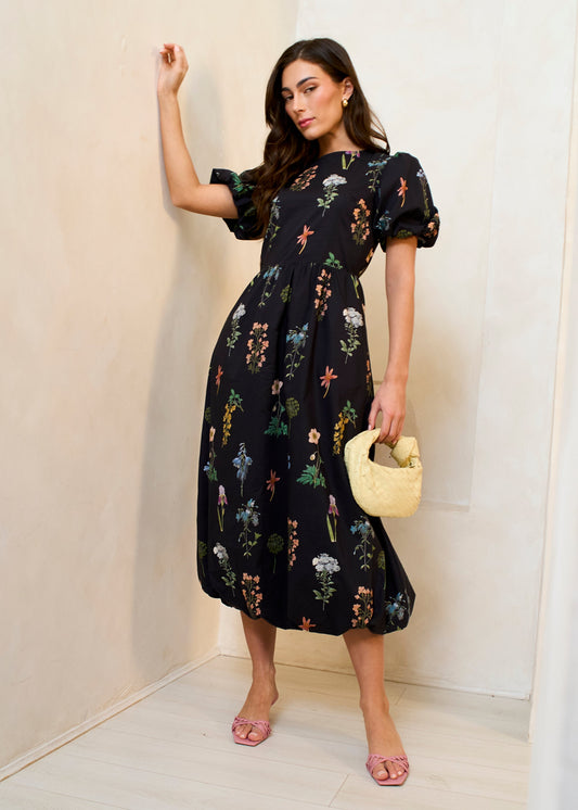 Navy Cotton Floral Print Puff Ball Midi Dress