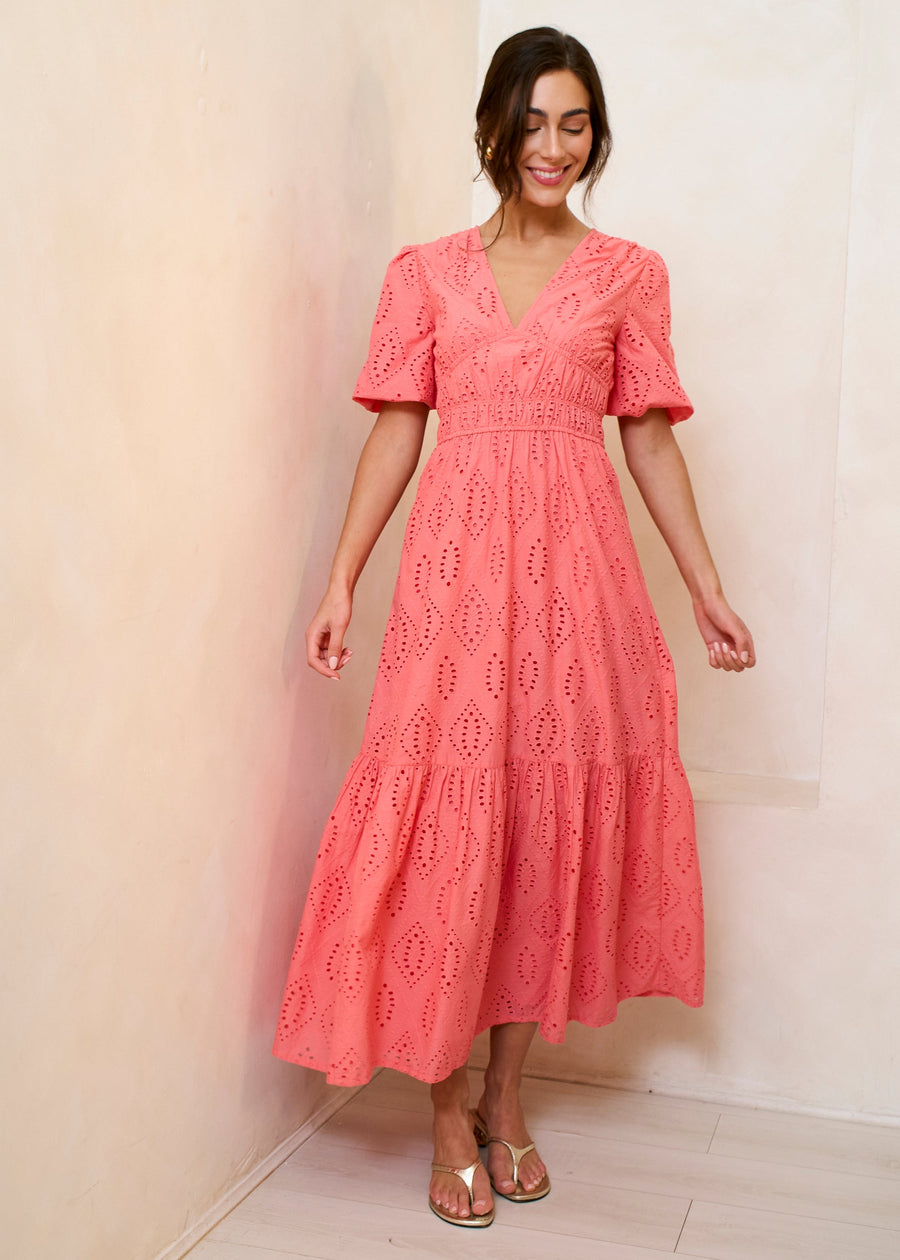 Coral Diamond Cutwork V Neck Broderie Dress