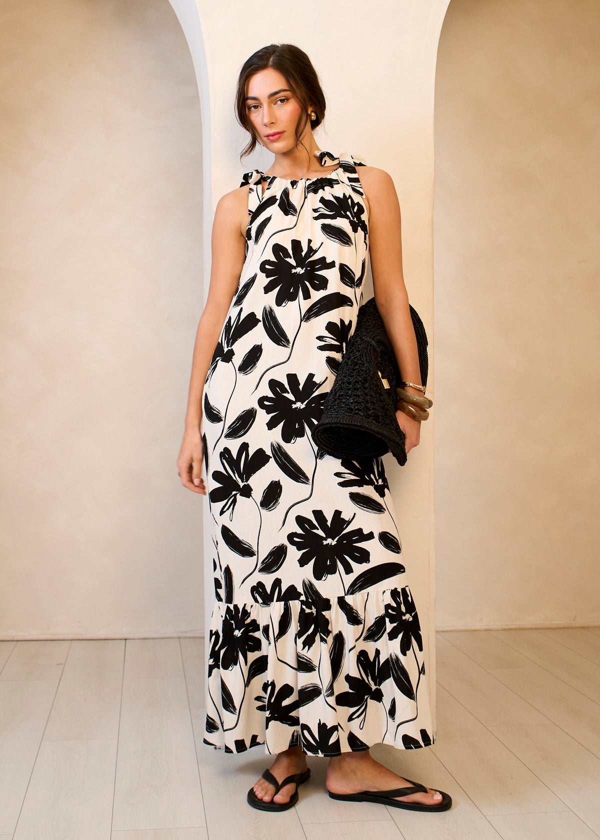 Mono Floral Print Tie-Shoulder Belted Trapeze Dress