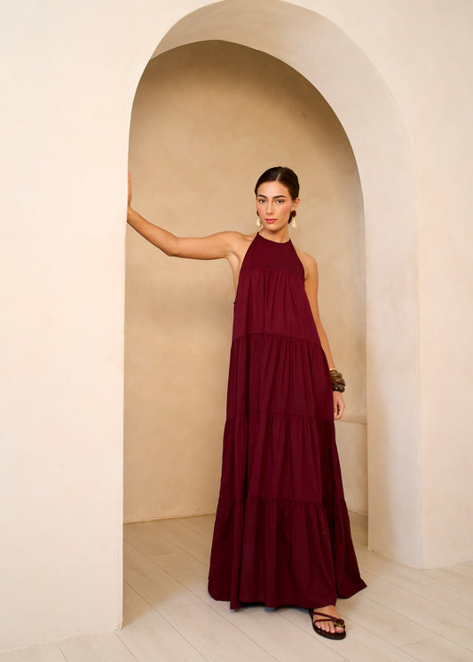 Mulberry Tiered Halter Maxi Trapeze Dress