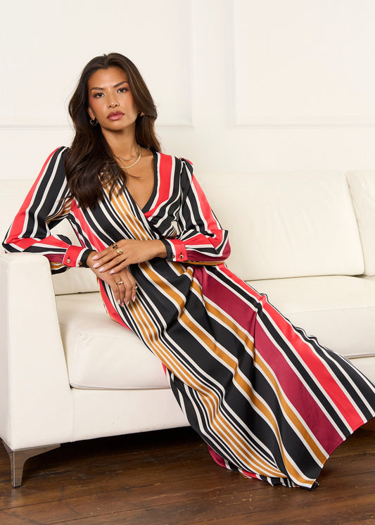 Multi Stripe Satin Wrap Midaxi Dress