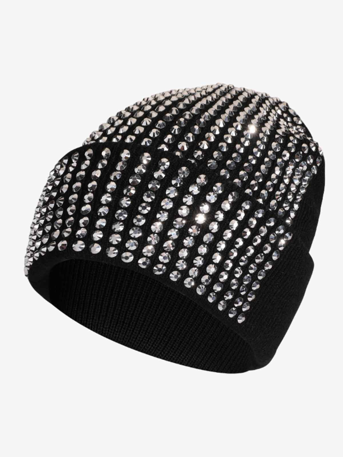 Rhinestone Embellished Ribbed Knit Beanie Hat - Black And White