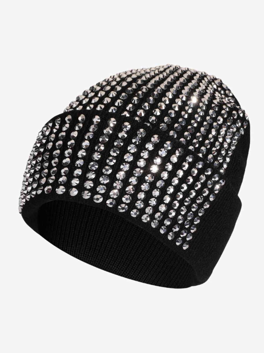 Rhinestone Embellished Ribbed Knit Beanie Hat - Black And White