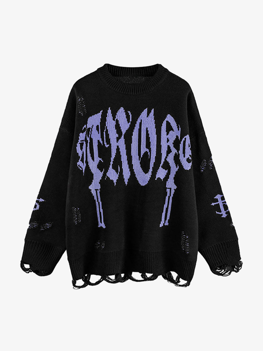 High Street Letter Jacquard Ripped Tassel Sweater - Black / M