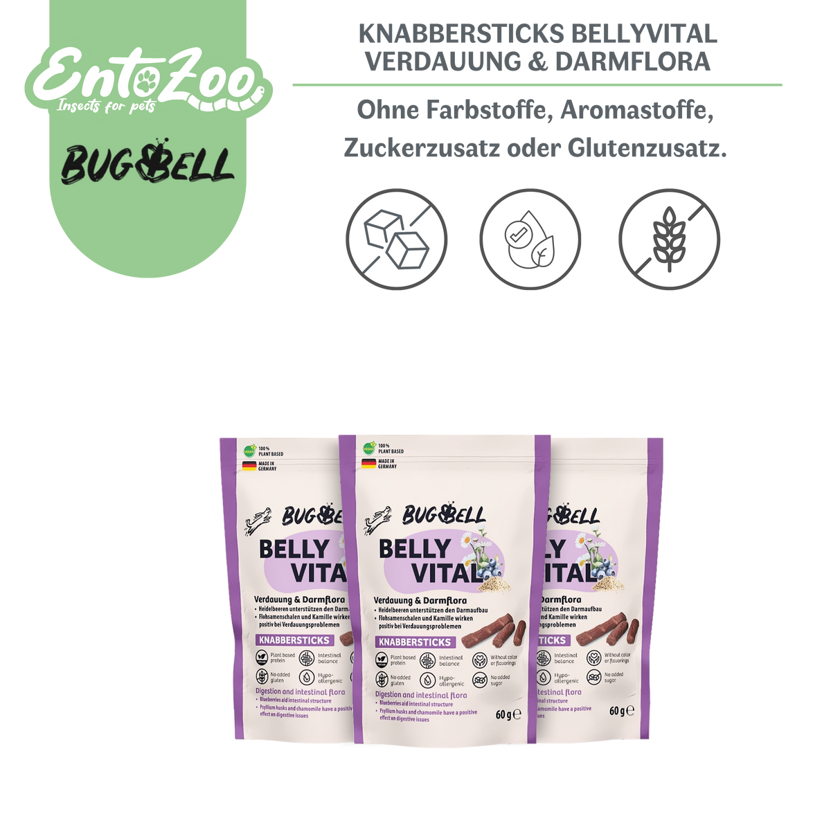 BugBell - Hunde Knabbersticks - BellyVital - Verdauung & Darmflora - 3x 60g