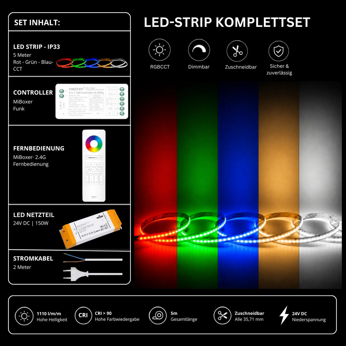 LED Streifen Set RGBCCT IP33 – COB LED Streifen 24V, 21 W/m, 5m, punktfrei – SS150 Netzteil, SR5 Funk-Controller & C5 Fernbedienung Weiß