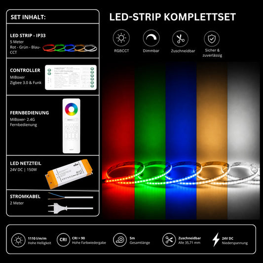 LED Streifen Set RGBCCT IP33 – COB LED Streifen 24V, 21 W/m, 5m, punktfrei – SS150 Netzteil, SZ5 Zigbee 3.0 Controller & C5 Fernbedienung Weiß