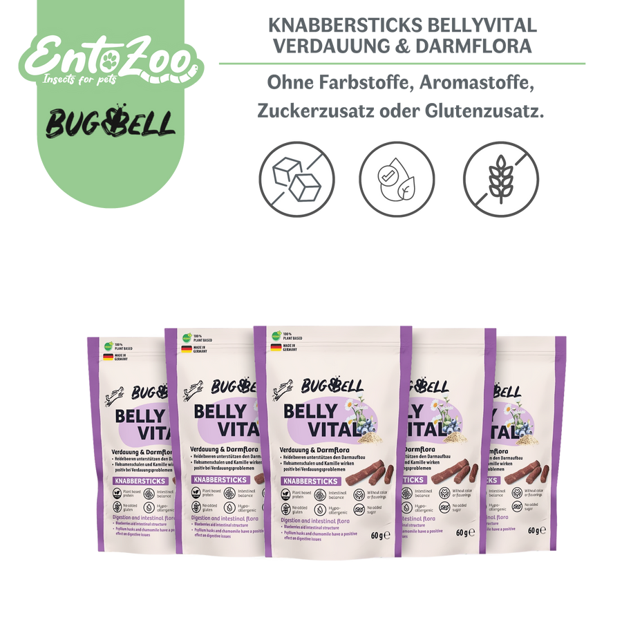 BugBell - Hunde Knabbersticks - BellyVital - Verdauung & Darmflora - 5x 60g