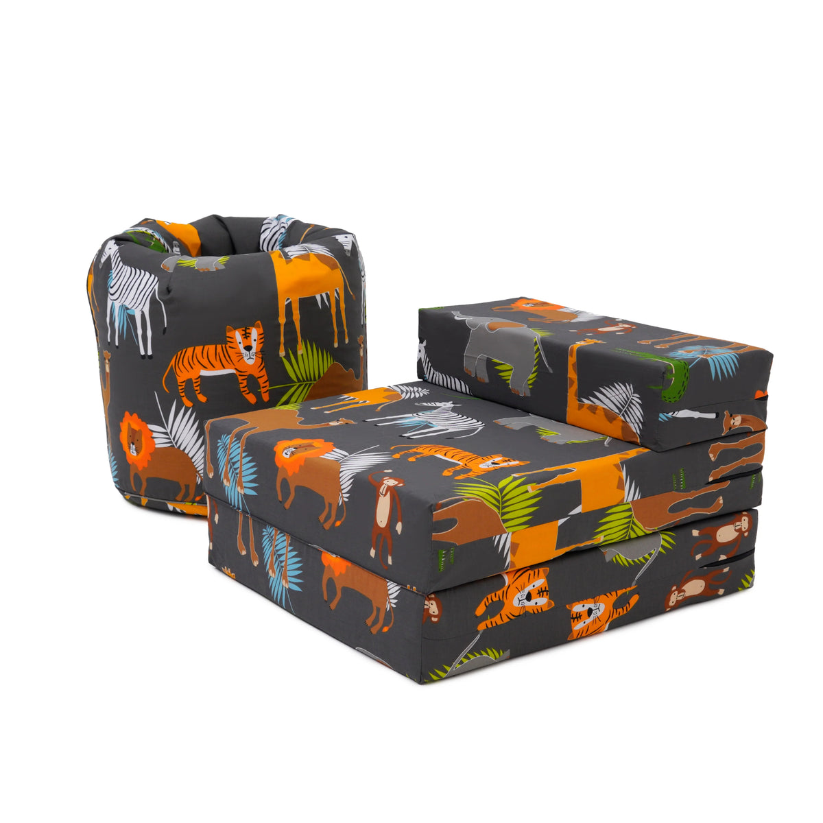 Kids Bean Bag and Folding Z Bed Printed Toddler Beanbag Chair and Guest Mattress - Africa
