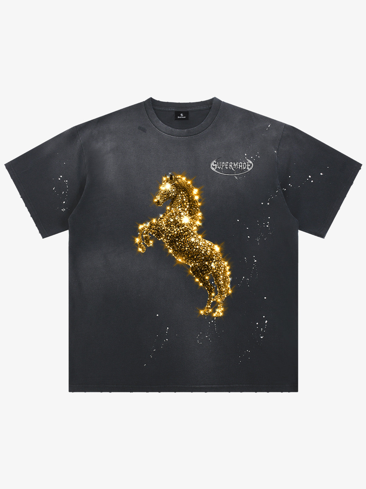 Vintage Wash Glitter Horse Pattern Splash Ink T-Shirt - Black / M