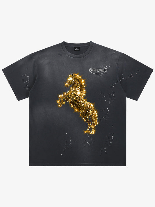 Vintage Wash Glitter Horse Pattern Splash Ink T-Shirt - Black / M