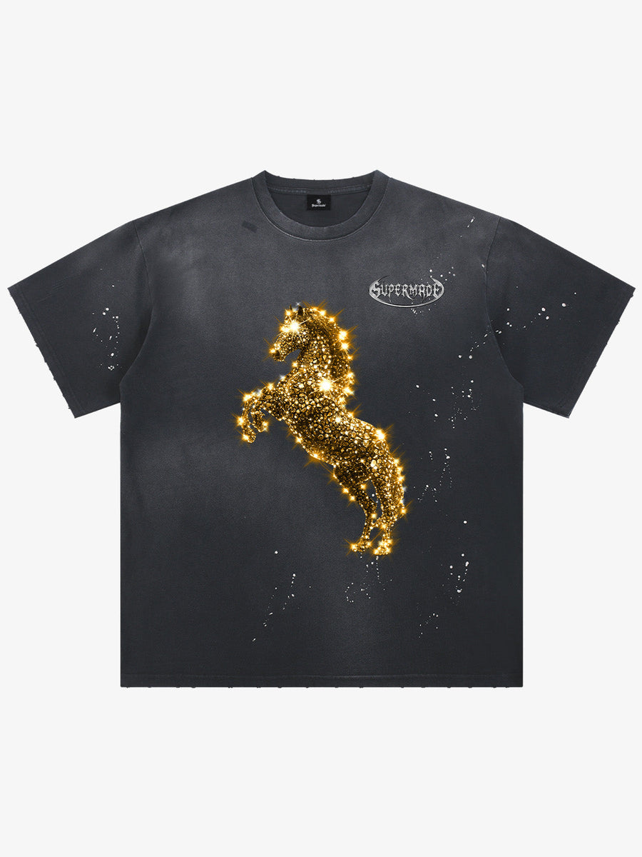 Vintage Wash Glitter Horse Pattern Splash Ink T-Shirt - Black / M