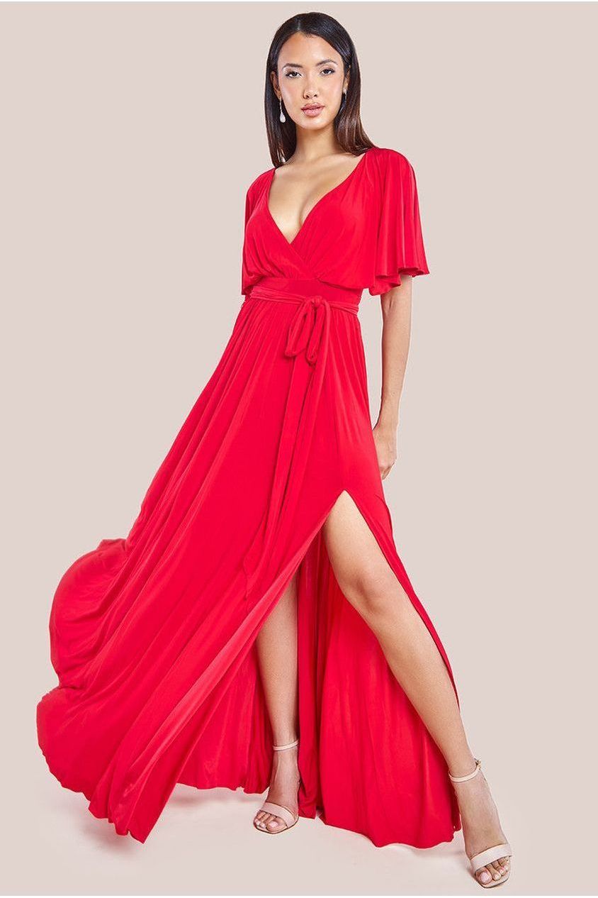 Wrap Front Maxi With Flutter Sleeves - Red by Goddiva