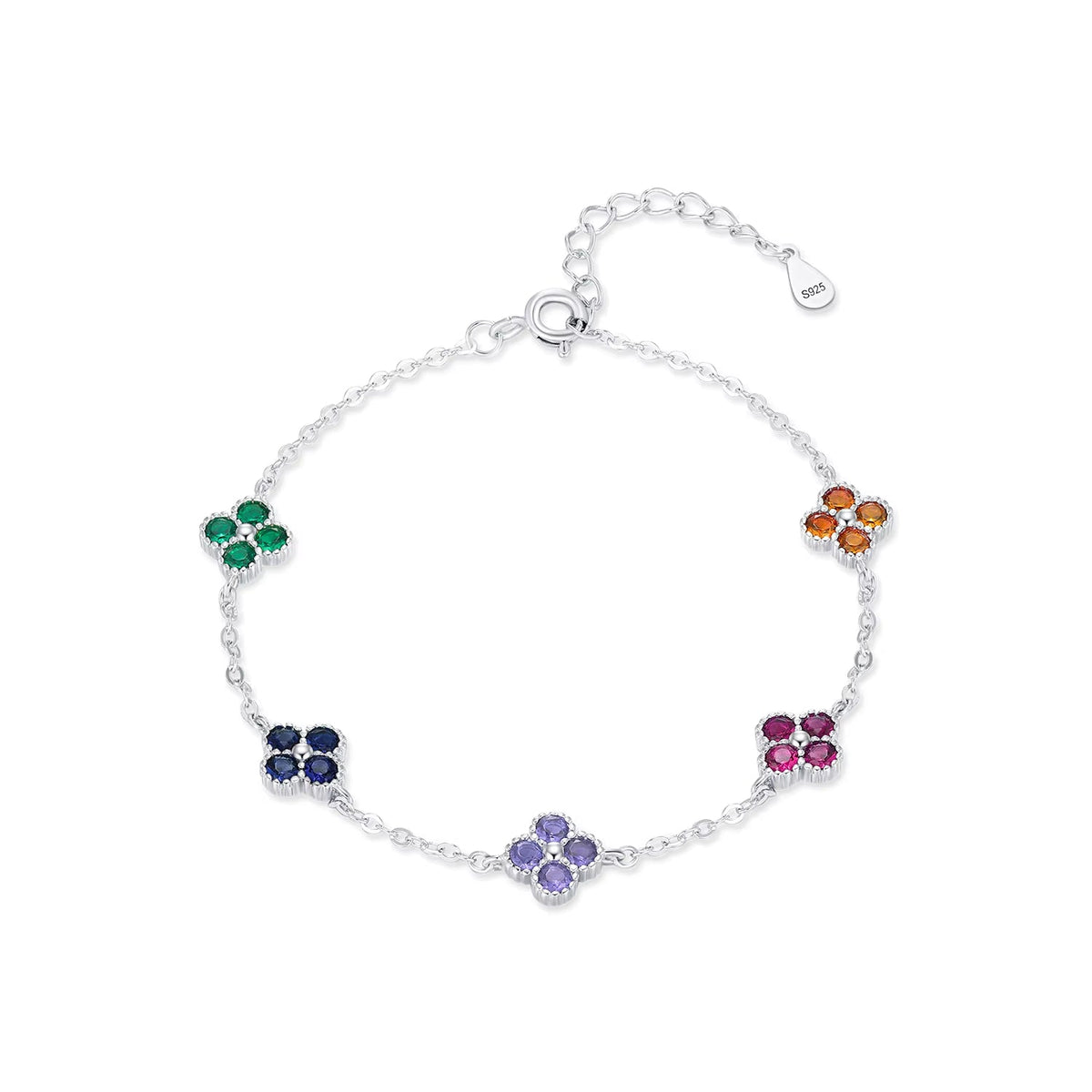 Exquisite 925 Sterling Silver Four Leaf Clover Bracelet Adorned with Colorful Zirconia for Women - A Trendy and Elegant Fashion Accessory - Rhb1871
