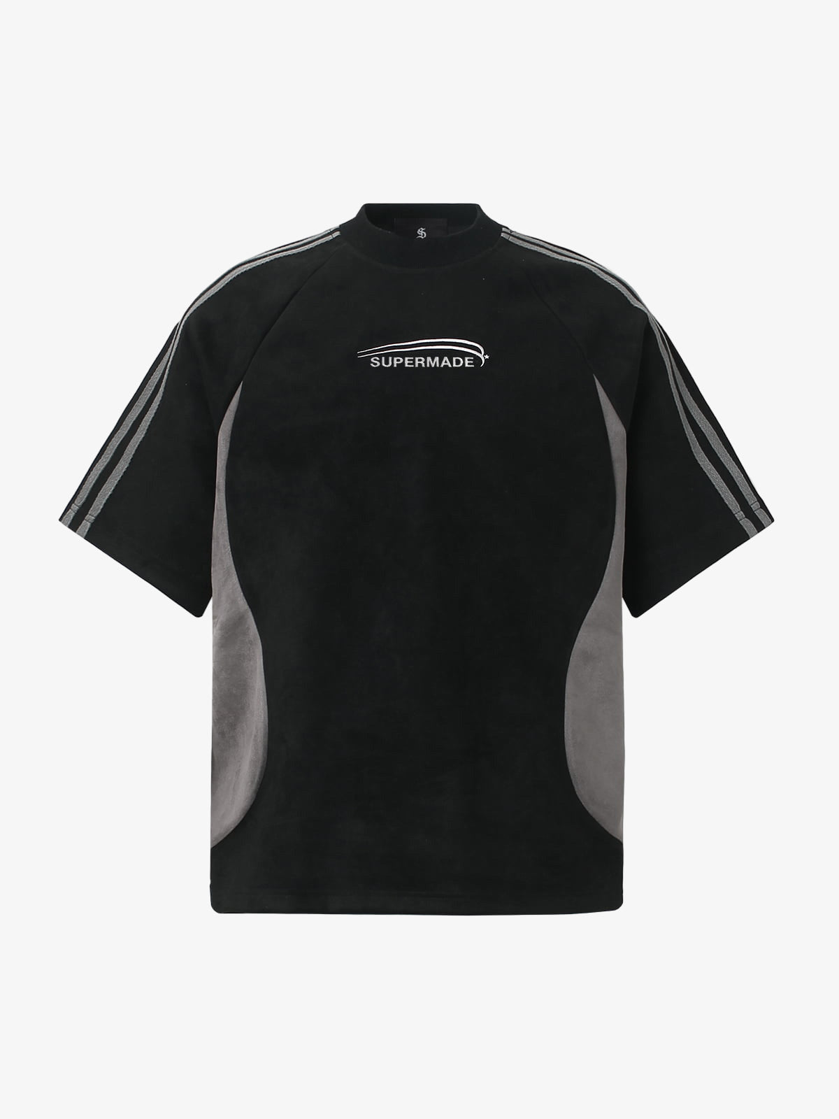 Suede Panel SUPERMADE Embroidered Short Sleeve T-Shirt - 2616 - Black / M