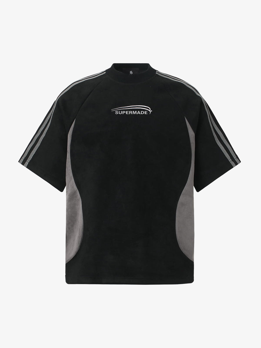 Suede Panel SUPERMADE Embroidered Short Sleeve T-Shirt - 2616 - Black / M