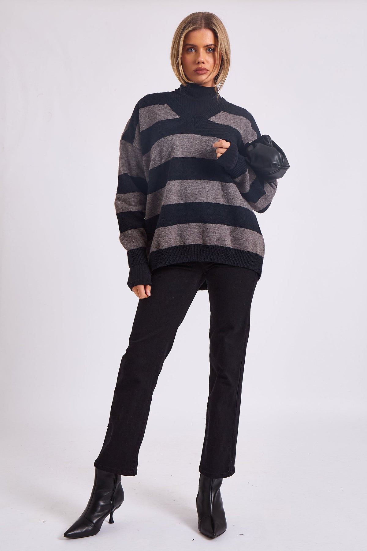 Grey Wide Stripe Oversized Jumper
