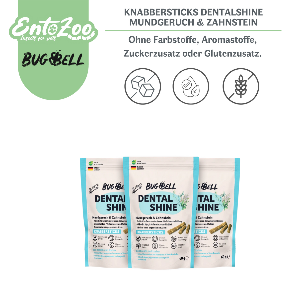 BugBell - Hunde Knabbersticks - DentalShine - Mundgeruch & Zahnstein - Vegan - Ergänzungsfuttermittel für Hunde, Tiernahrung - 3x 60g