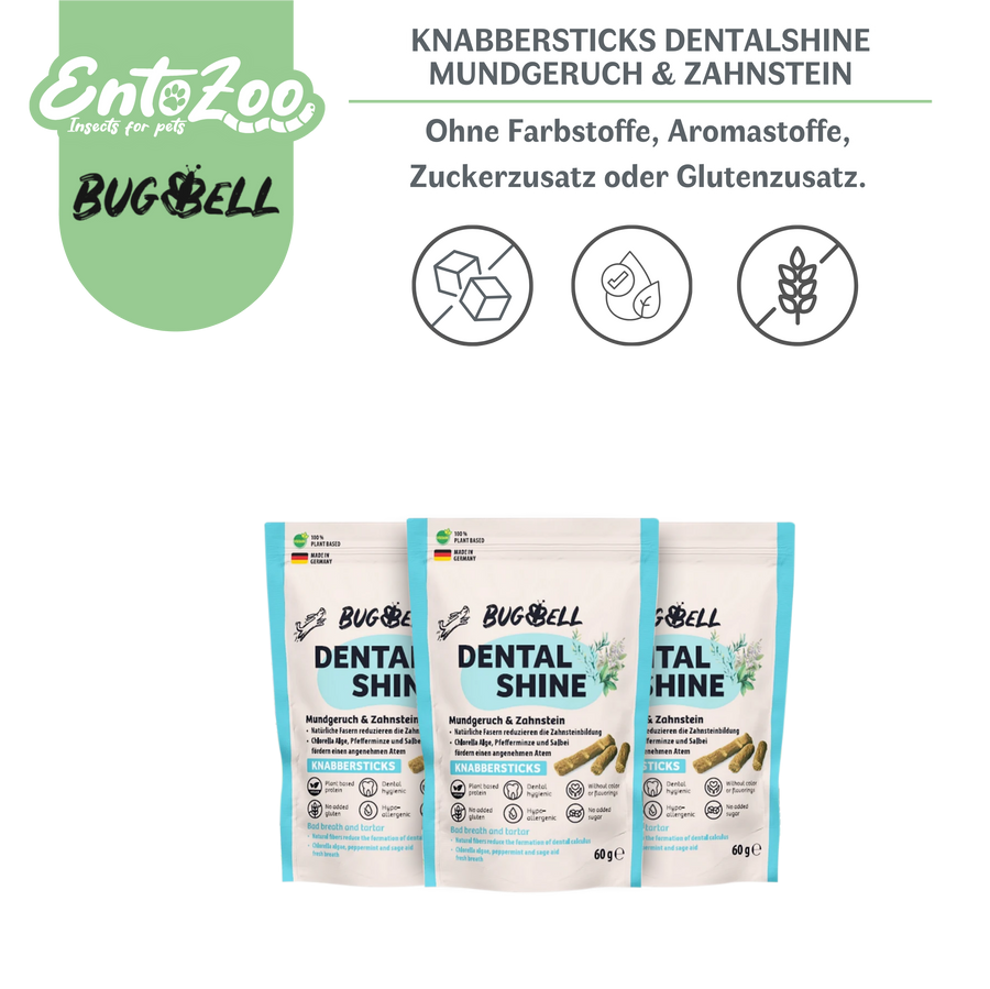 BugBell - Hunde Knabbersticks - DentalShine - Mundgeruch & Zahnstein - Vegan - Ergänzungsfuttermittel für Hunde, Tiernahrung - 3x 60g