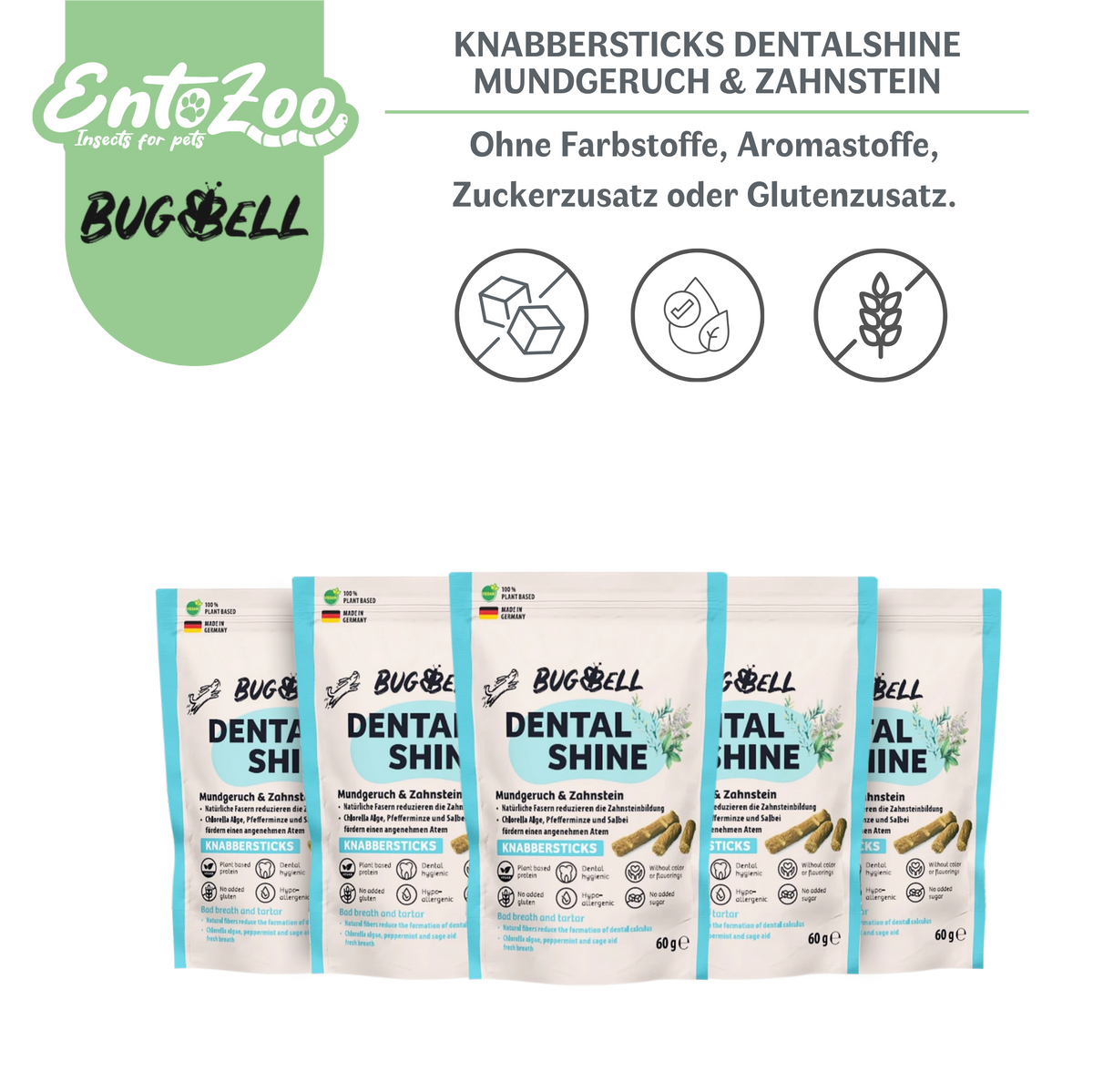 BugBell - Hunde Knabbersticks - DentalShine - Mundgeruch & Zahnstein - Vegan - Ergänzungsfuttermittel für Hunde, Tiernahrung - 5x 60g
