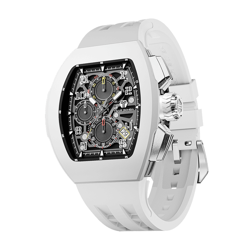 TSAR BOMBA Atomic TB8214F Fluorkautschuk Chronograph Quarz austauschbar Herrenuhr - Fluorkautschuk Lünette-intercahngeable Lünette;Armband;crown-Weiß