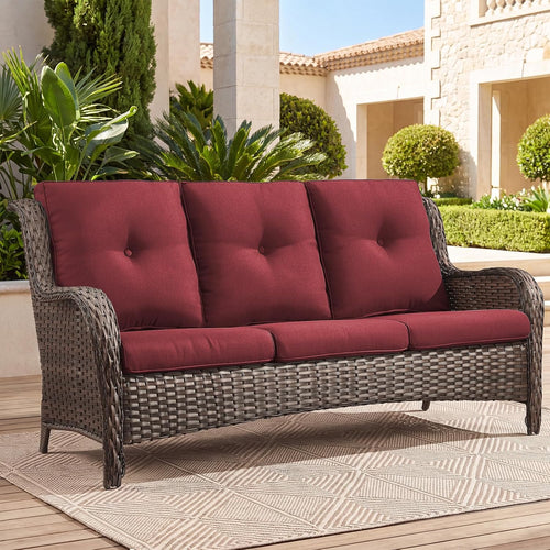 Outdoor Patio Furniture Wicker 3-Seater Sofa, NTC Series - Brown Wicker / Red Cushion