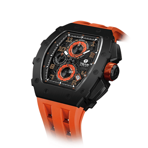 TSAR BOMBA Elemental Serie – Luxuriöse Tonneau-Herrenuhr, 50 m wasserdicht, Chronograph mit Kalenderanzeige Schwarzorange