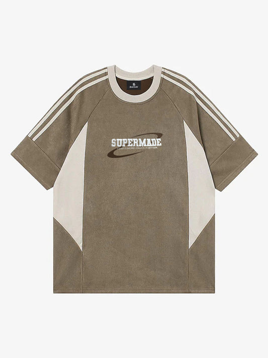 Suede Contrast Color Spliced Letter Embroidery Oversize T-shirt - 2462 - Khaki / 2XL