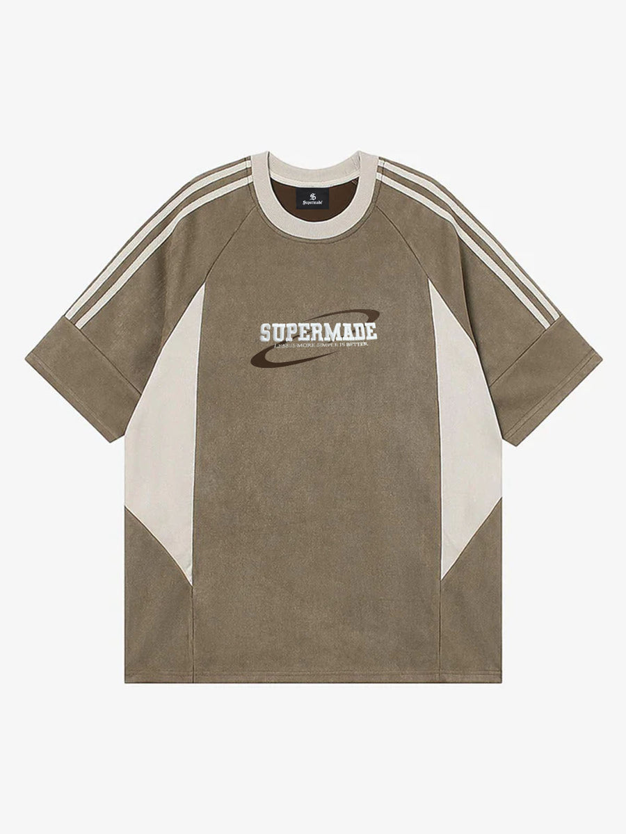 Suede Contrast Color Spliced Letter Embroidery Oversize T-shirt - 2462 - Khaki / 2XL