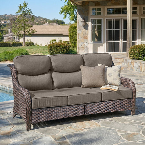 Oversized 3-Seater Wicker Sofa, High Back & 6" Cushions, NT Series - Brown Wicker / Grey Cushion