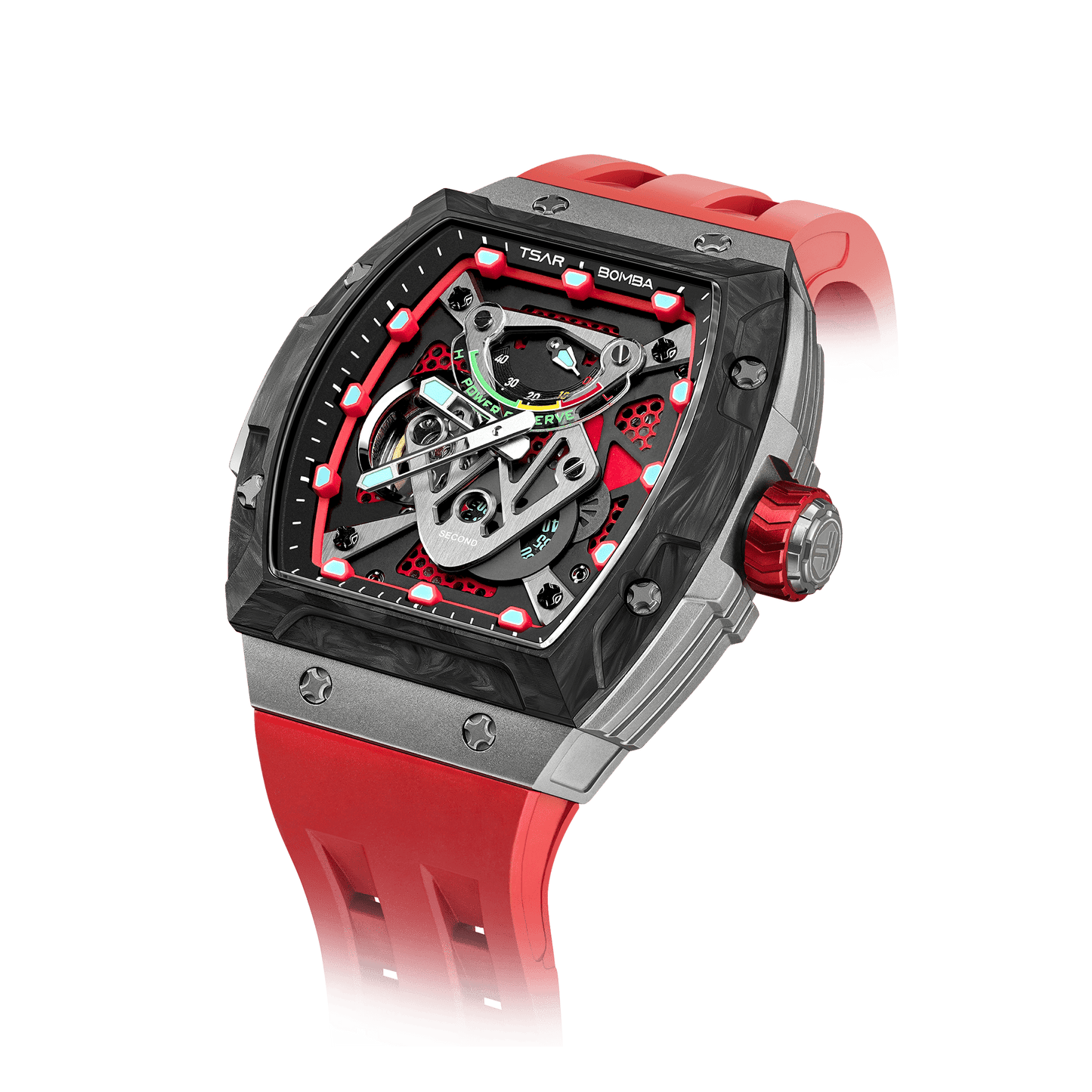 TSAR BOMBA Neutron Serie – Skelettierte automatische Herrenuhr mit Gehäuse aus Titanlegierung, Carbonfaser-Lünette Rot