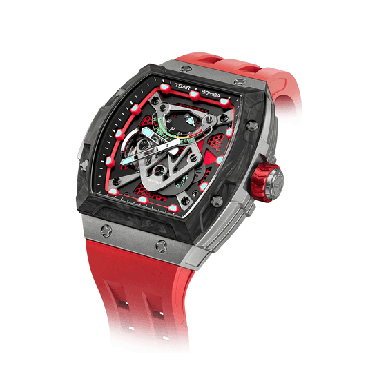TSAR BOMBA Neutron Serie – Skelettierte automatische Herrenuhr mit Gehäuse aus Titanlegierung, Carbonfaser-Lünette Rot