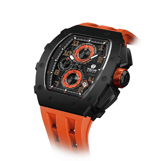 TSAR BOMBA Elemental Serie – Luxuriöse Tonneau-Herrenuhr, 50 m wasserdicht, Chronograph mit Kalenderanzeige Schwarzorange