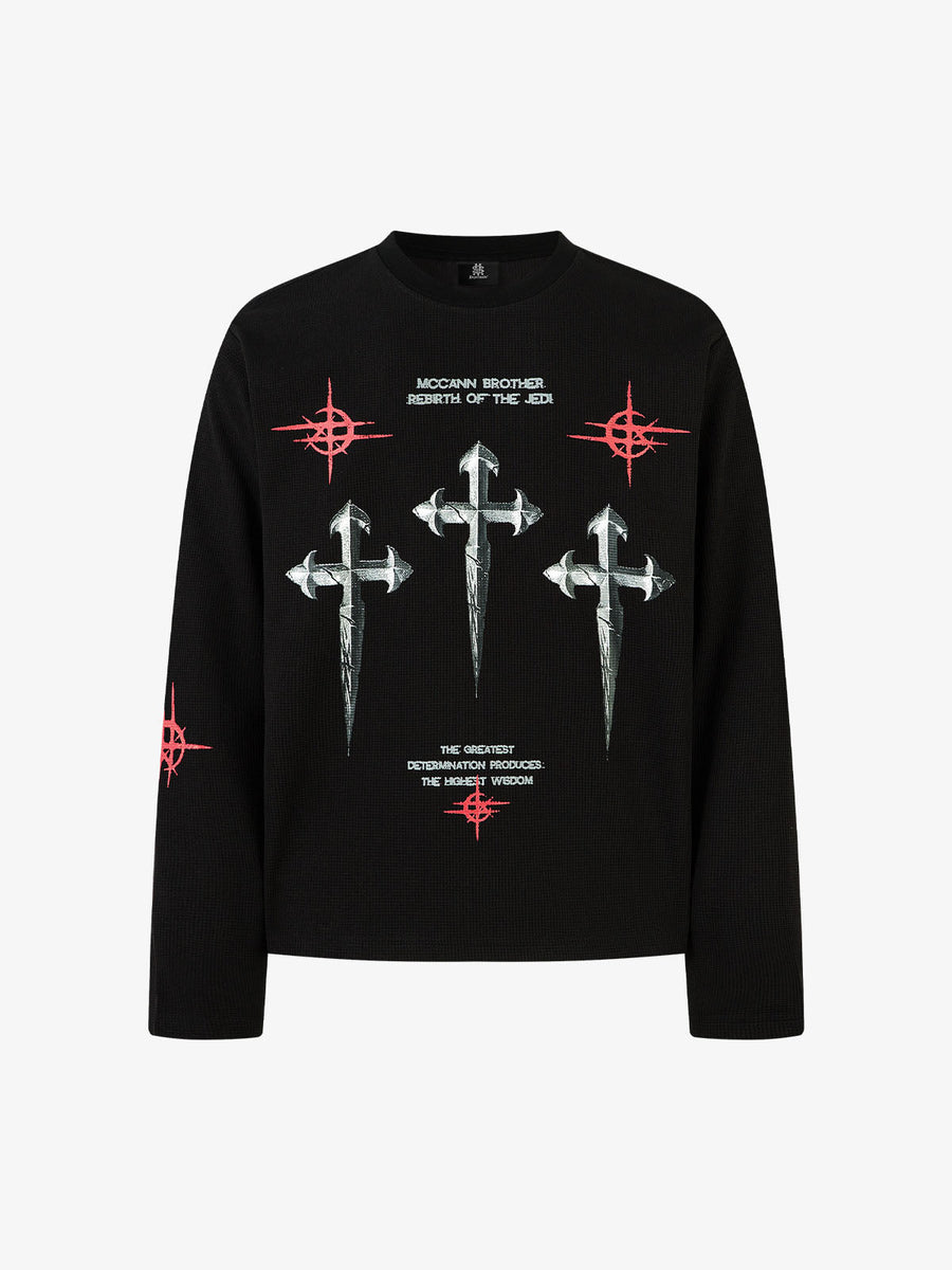 Letter Print Waffle Cross Long-Sleeved T-Shirt - Black / M