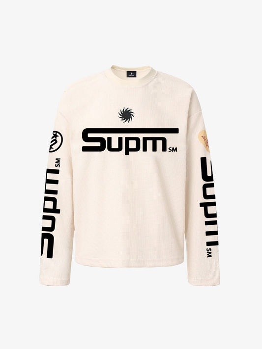 Textured Waffle SUPM Letter Graphic Long Sleeve T-Shirt - 2600 - Apricot / S
