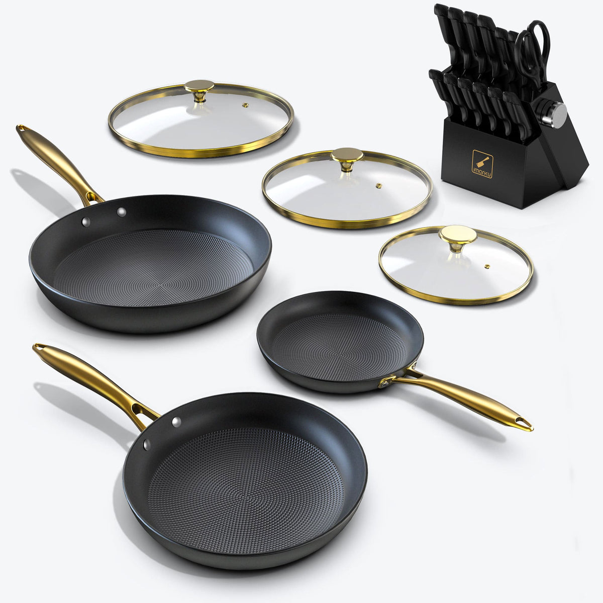 3-Pc Nonstick Pans with Lids & 14-Pc Knife Block Set Combo