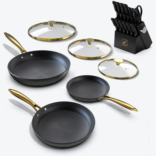 3-Pc Nonstick Pans with Lids & 14-Pc Knife Block Set Combo