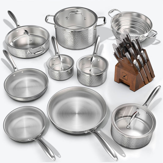 30-Piece Stainless Steel Pots and Pans with Knife Set Bundle - Brown