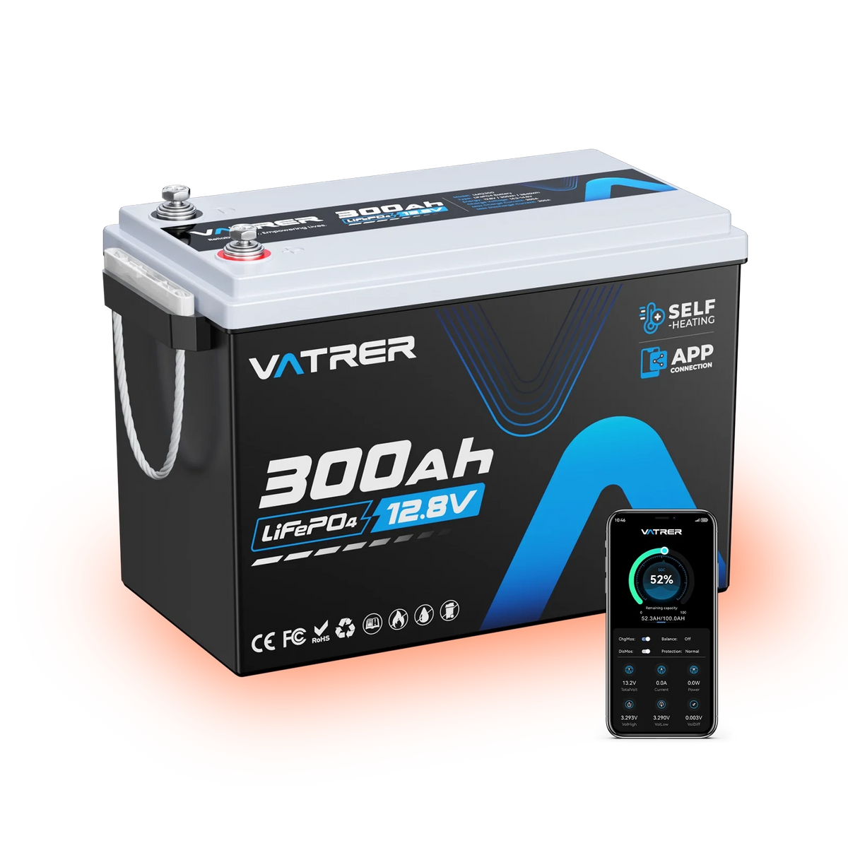 Vatrer 12V 300AH Bluetooth LiFePO4 Lithium Self-Heating Battery EU - 1 PACK