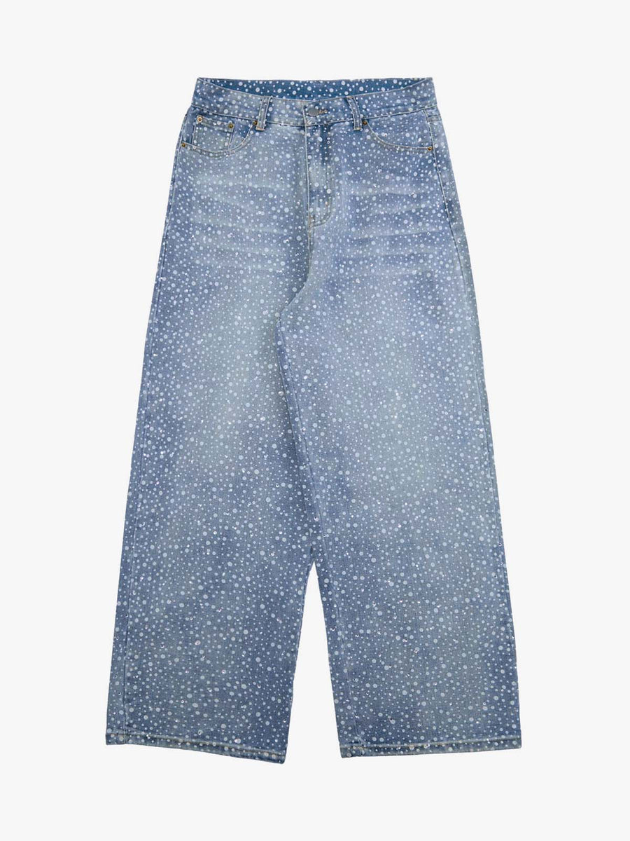 Thesupermade Ink Splashed Hotfix Rhinestone Baggy Jeans - 2306 - Blue / M